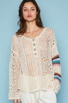 POL Round Neck Striped Long Sleeve Knit Cover Up Trendsi