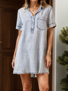 Pocketed Collared Neck Short Sleeve Denim Dress Trendsi