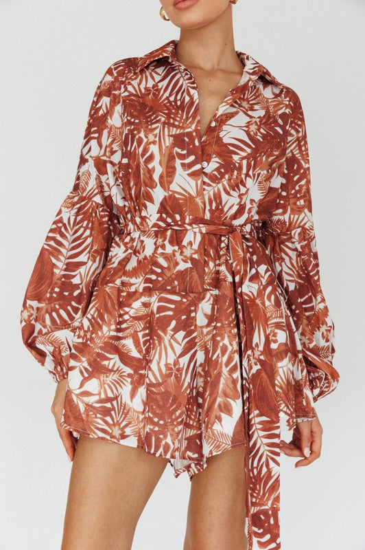 Leaves Print Puff Sleeved Romper One and Only Collective Inc