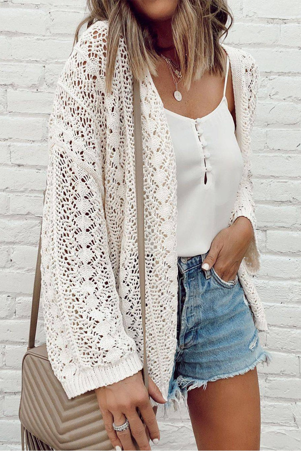 Openwork Open Front Dropped Shoulder Cardigan Trendsi