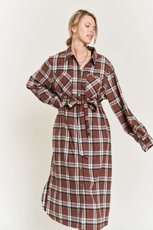 PLAID PRINT COLLAR LONG SHIRT DRESS PLUS Jade By Jane