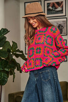 Crochet Patchwork Round Neck Pullover Sweater Top Davi & Dani