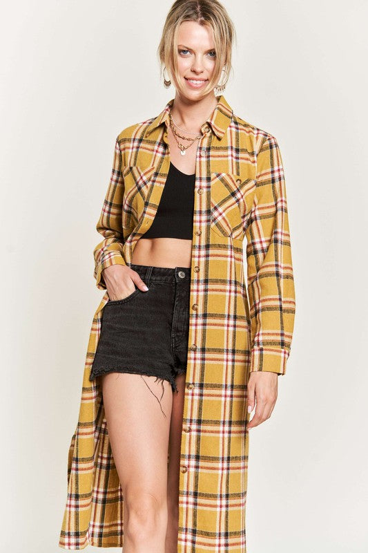 PLAID PRINT COLLAR LONG SHIRT DRESS PLUS Jade By Jane