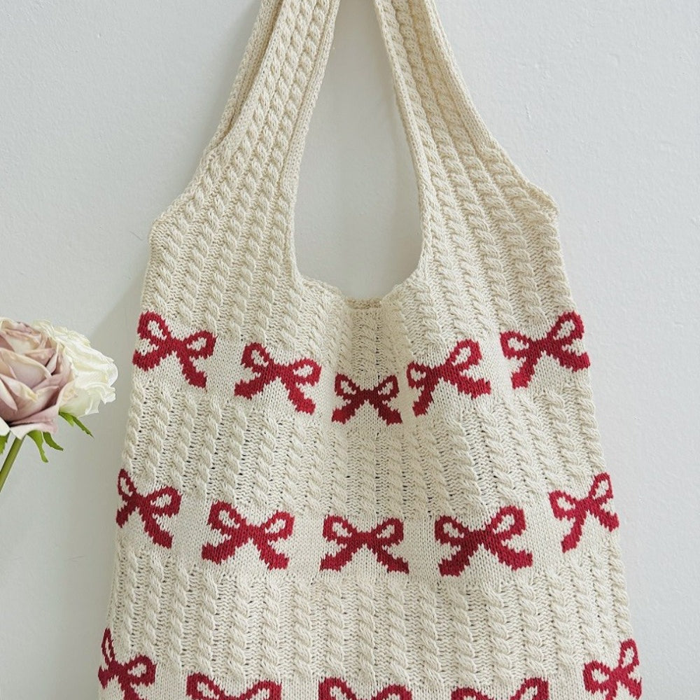 Zenana Ribbon Bow Pattern Knitted Woven Crochet Tote Bag