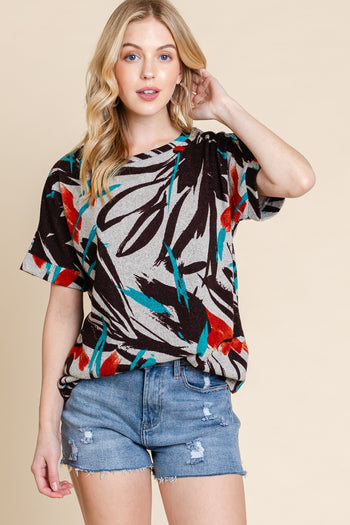 BOMBOM Printed Round Neck Short Sleeve T-Shirt Trendsi