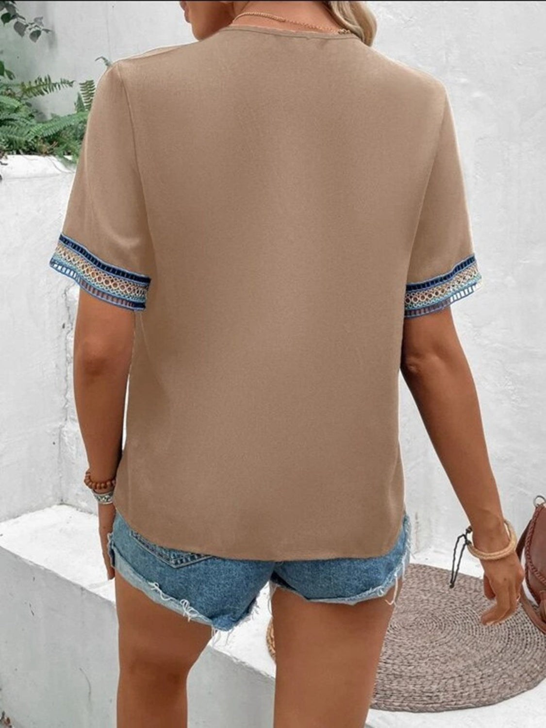 Full Size V-Neck Short Sleeve Blouse Trendsi