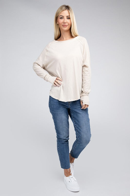 Cotton Raglan Sleeve Thumbhole Top ZENANA