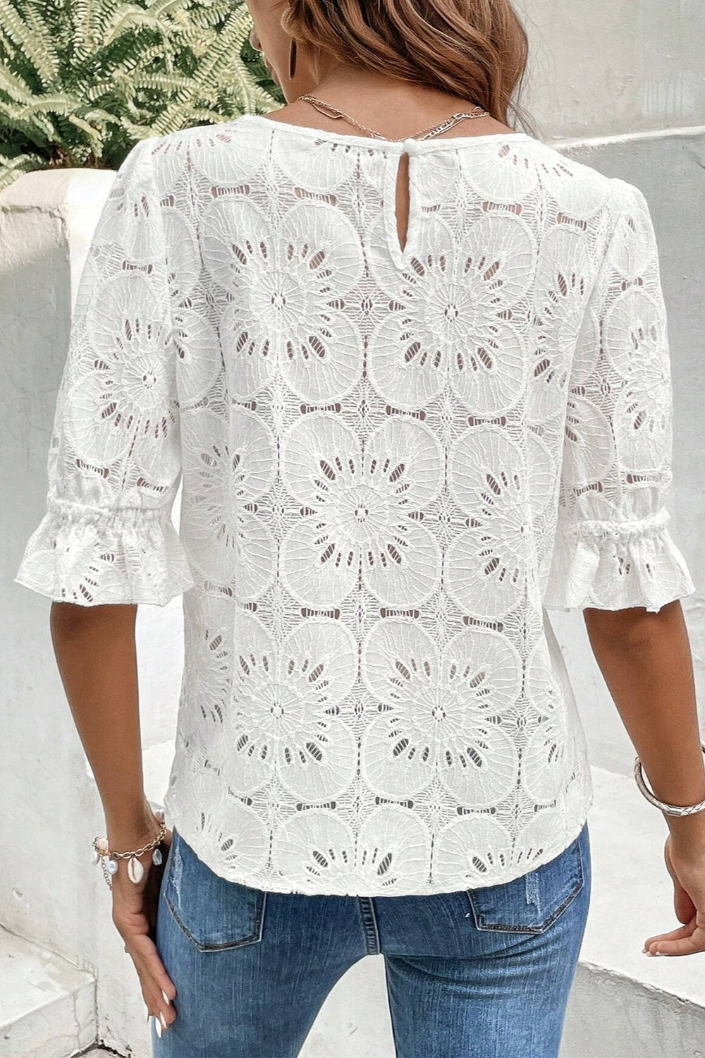 Round Neck Flounce Sleeve Blouse Trendsi