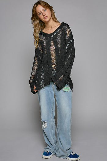 POL Distressed Dropped Shoulder Long Sleeve Knit Top Trendsi