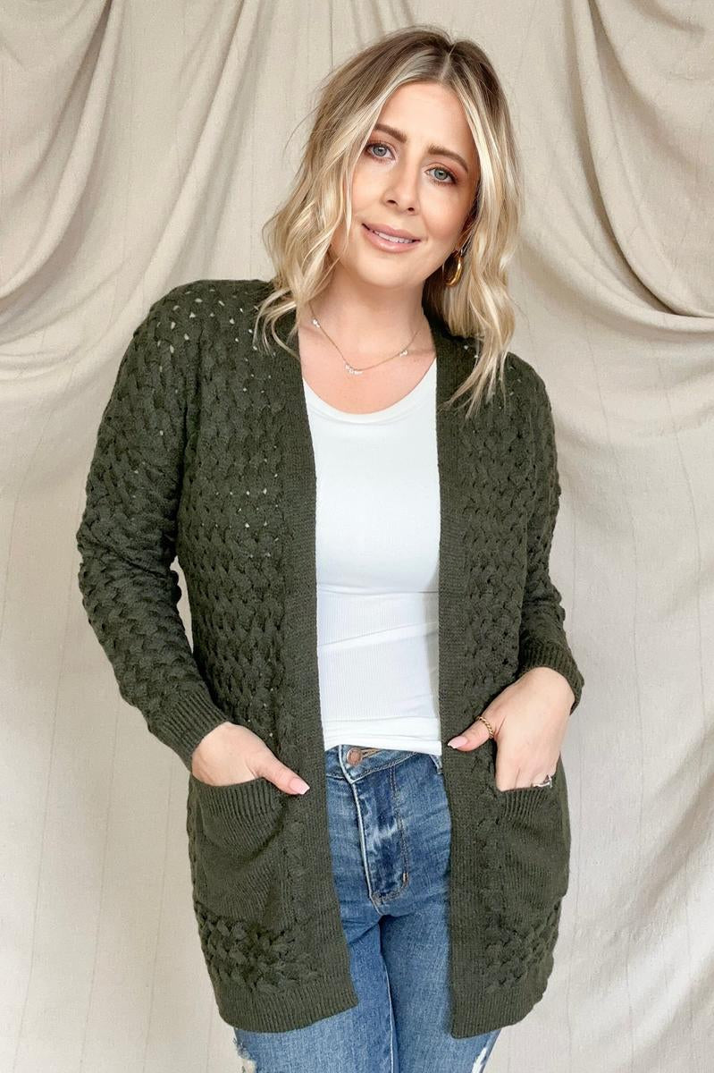 Open Front Woven Texture Knitted Cardigan With Pockets Kiwidrop
