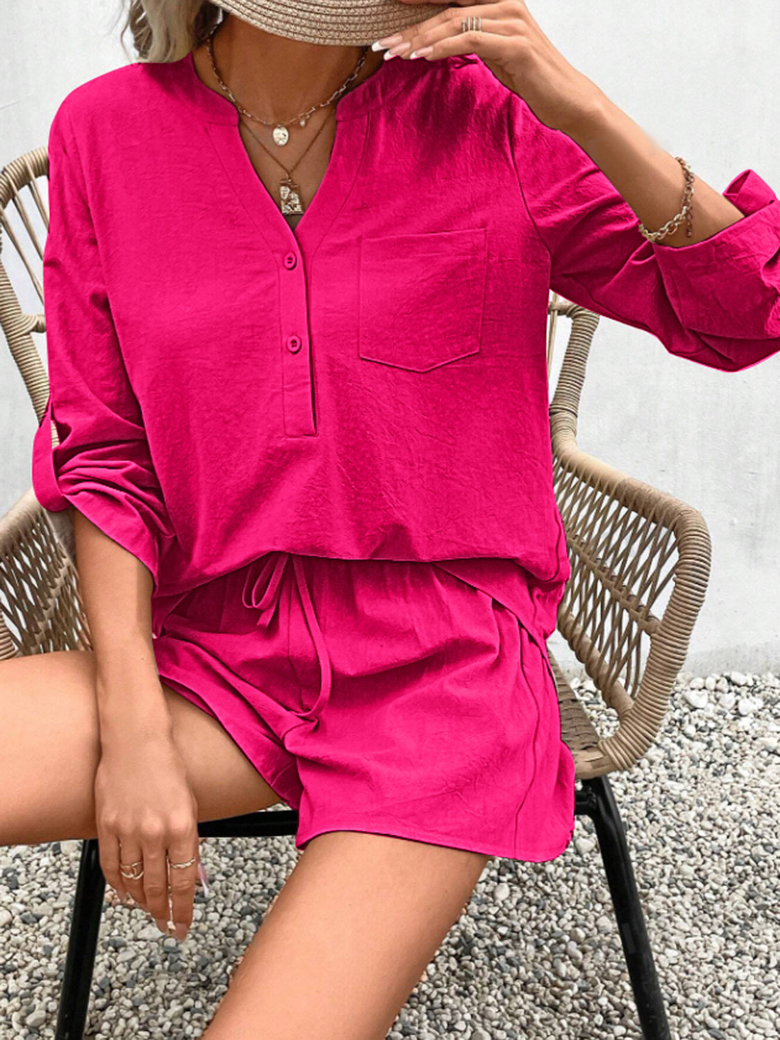 Notched Long Sleeve Top and Shorts Set Trendsi