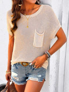 Women's Short Sleeve Front Pocket Knit Top Pullover Sweater HEQ3B65MWM Casual Chic Boutique