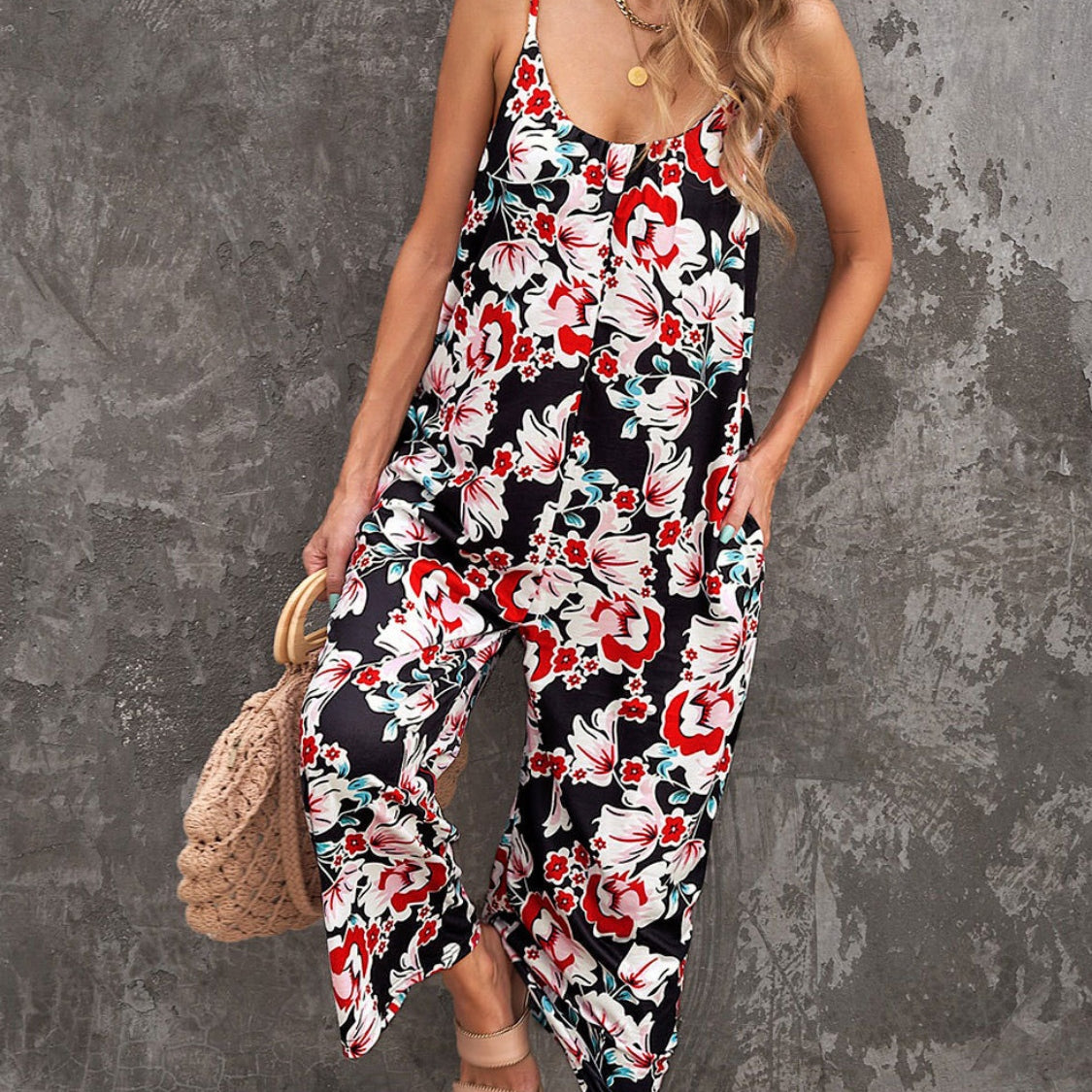 Printed Spaghetti Strap Jumpsuit with Pockets