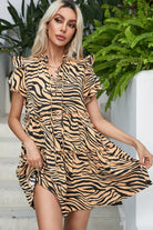 Ruffled Animal Print Tie Neck Mini Dress Casual Chic Boutique