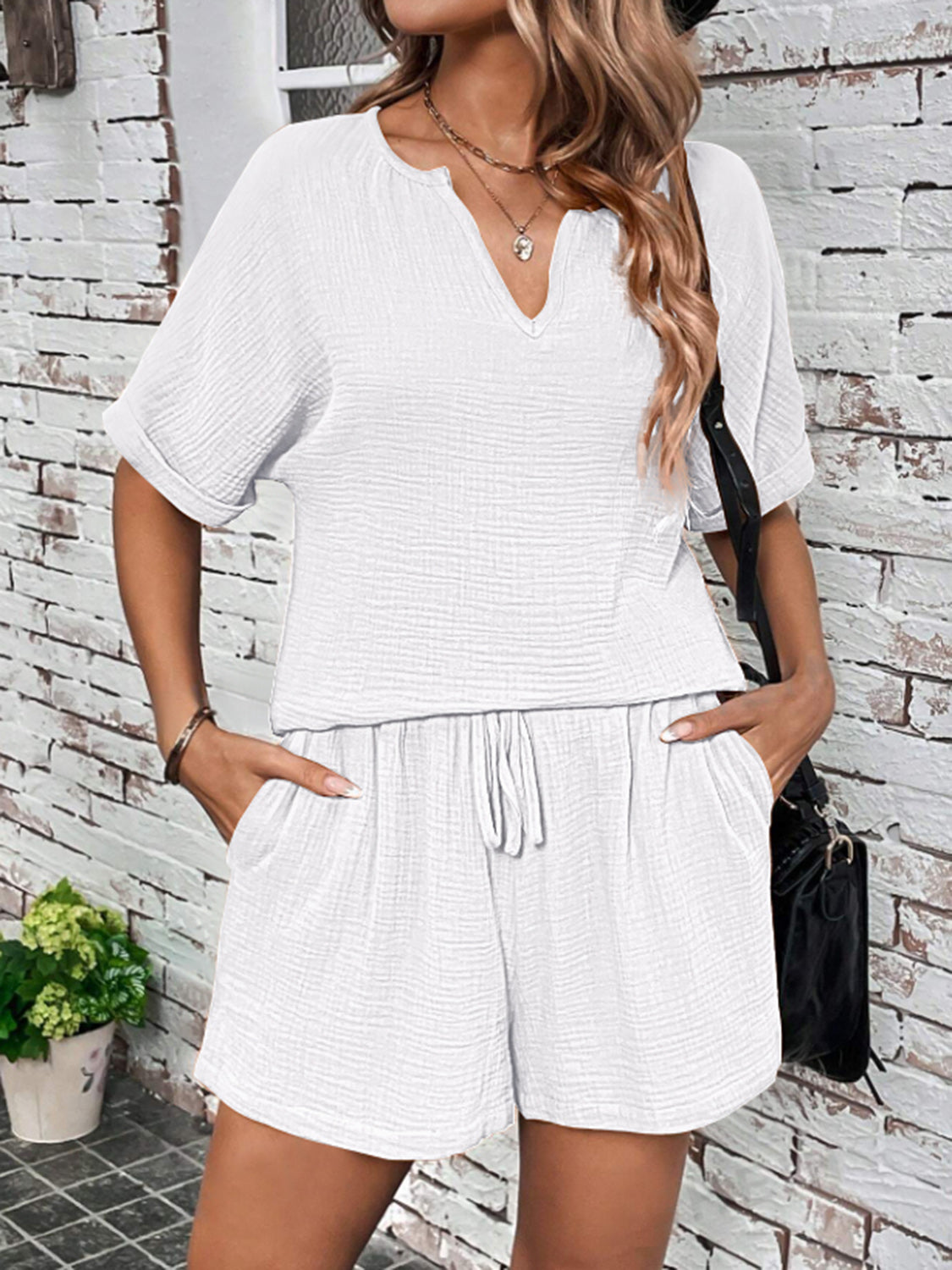 Notched Half Sleeve Top and Shorts Set Trendsi