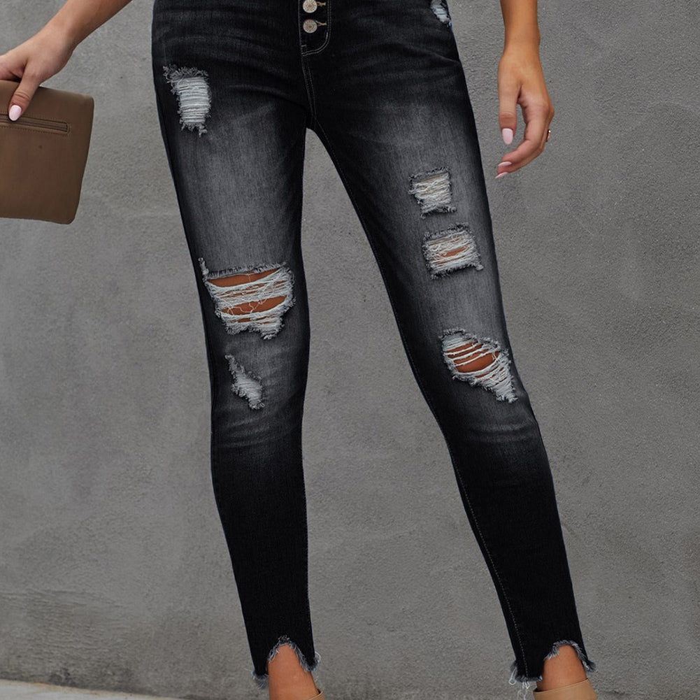 Baeful Button Fly Hem Detail Ankle-Length Skinny Jeans Trendsi