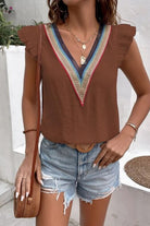 Full Size Ruffled V-Neck Cap Sleeve Blouse Trendsi