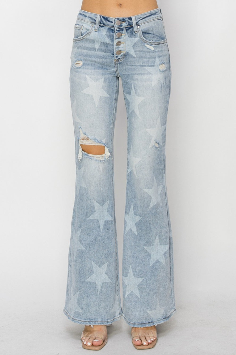 RISEN Mid Rise Button Fly Start Print Flare Jeans Trendsi
