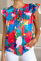 Ruffled Abstract Print Round Neck Cap Sleeve Blouse Casual Chic Boutique