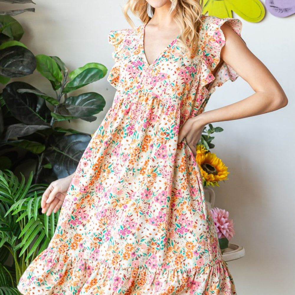 Heimish Full Size Floral Ruffled V-Neck Dress Trendsi