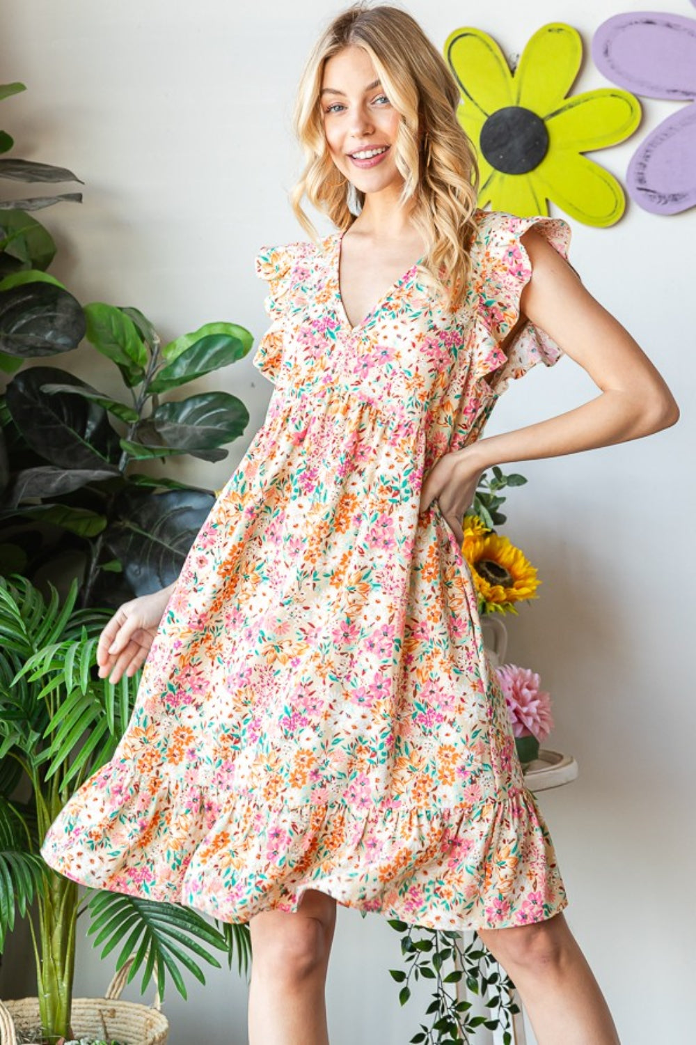Heimish Full Size Floral Ruffled V-Neck Dress Trendsi