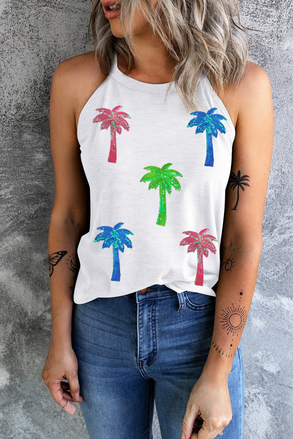 Sequin Coconut Tree Round Neck Tank Trendsi