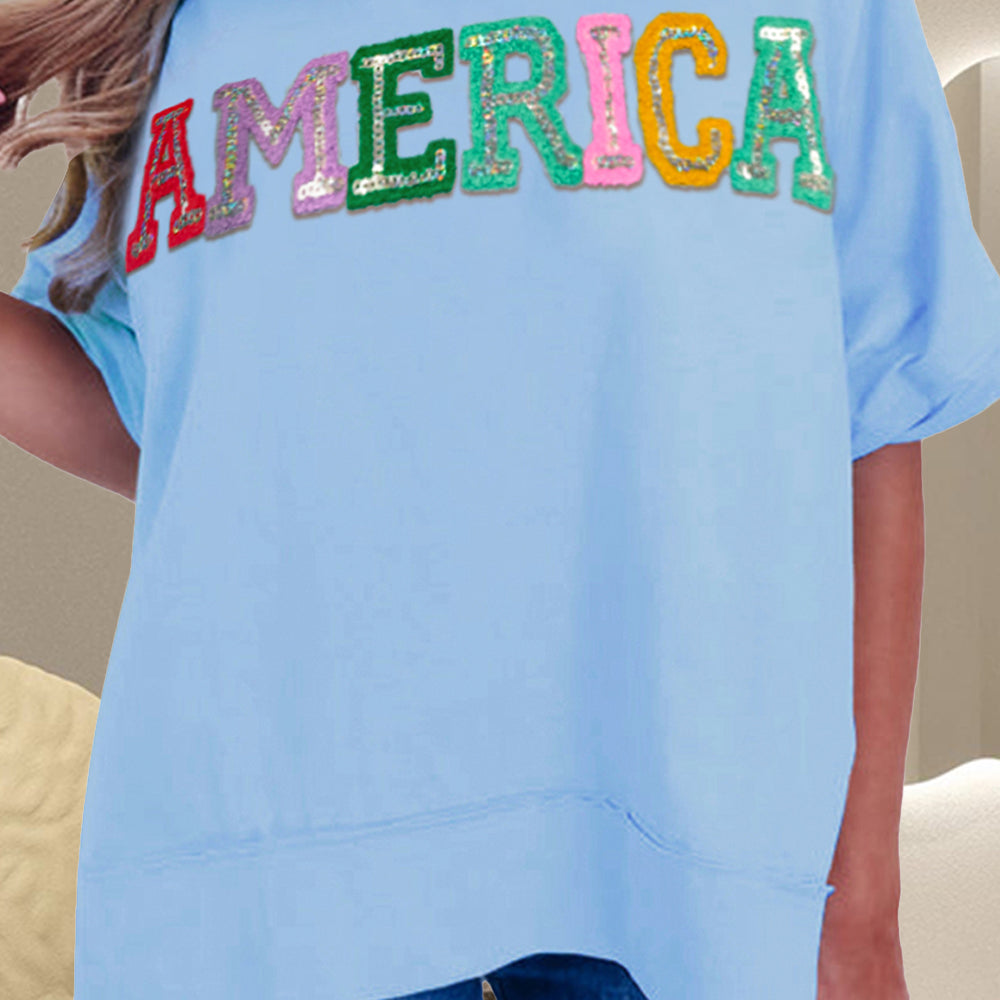 AMERICA Sequin Round Neck Half Sleeve T-Shirt