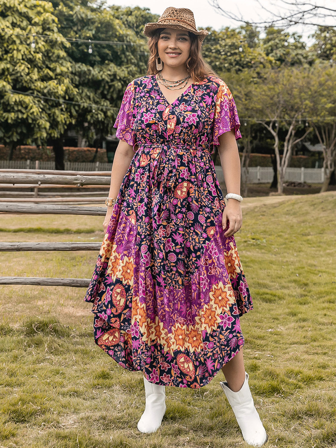 Plus Size Printed V-Neck Flutter Sleeve Midi Dress Trendsi