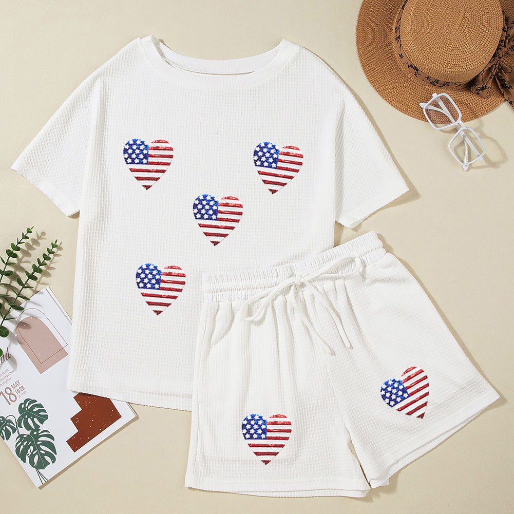 US Flag Round Neck Top and Shorts Set