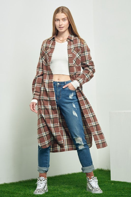 PLAID PRINT COLLAR LONG SHIRT DRESS Jade By Jane