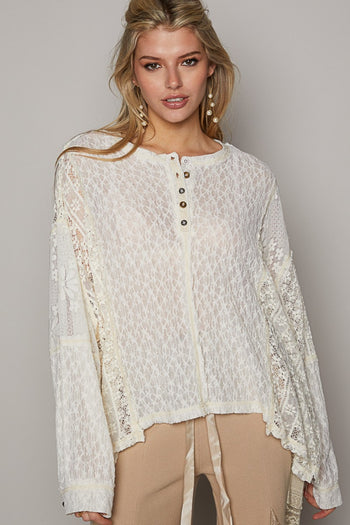 POL Round Neck Long Sleeve Raw Edge Lace Top Trendsi