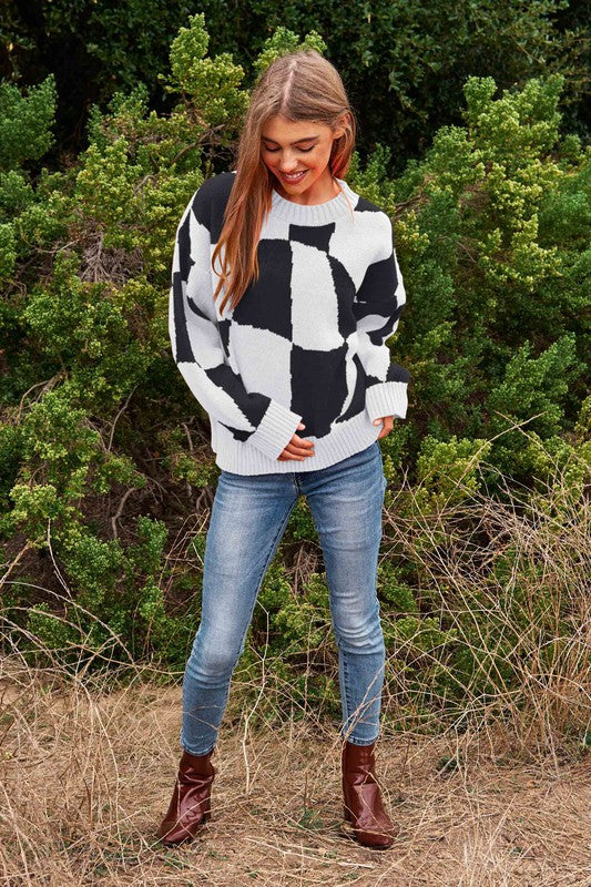 Multi Geo Checker Pullover Knit Sweater Top Davi & Dani