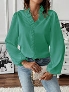 Ruffled V-Neck Long Sleeve Blouse Trendsi