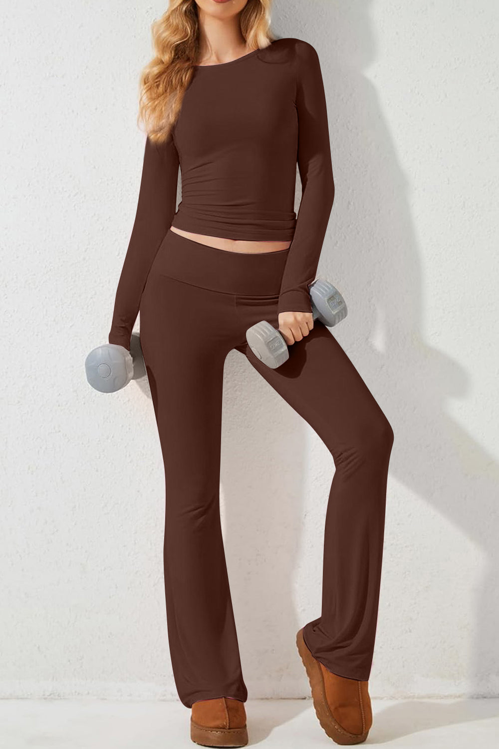 Round Neck Long Sleeve Top and Pants Set Trendsi