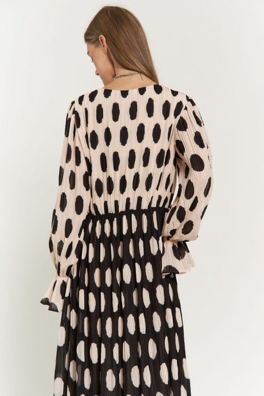 Polka Dot Ruffled Long Sleeve Pleated Maxi Dress Davi & Dani