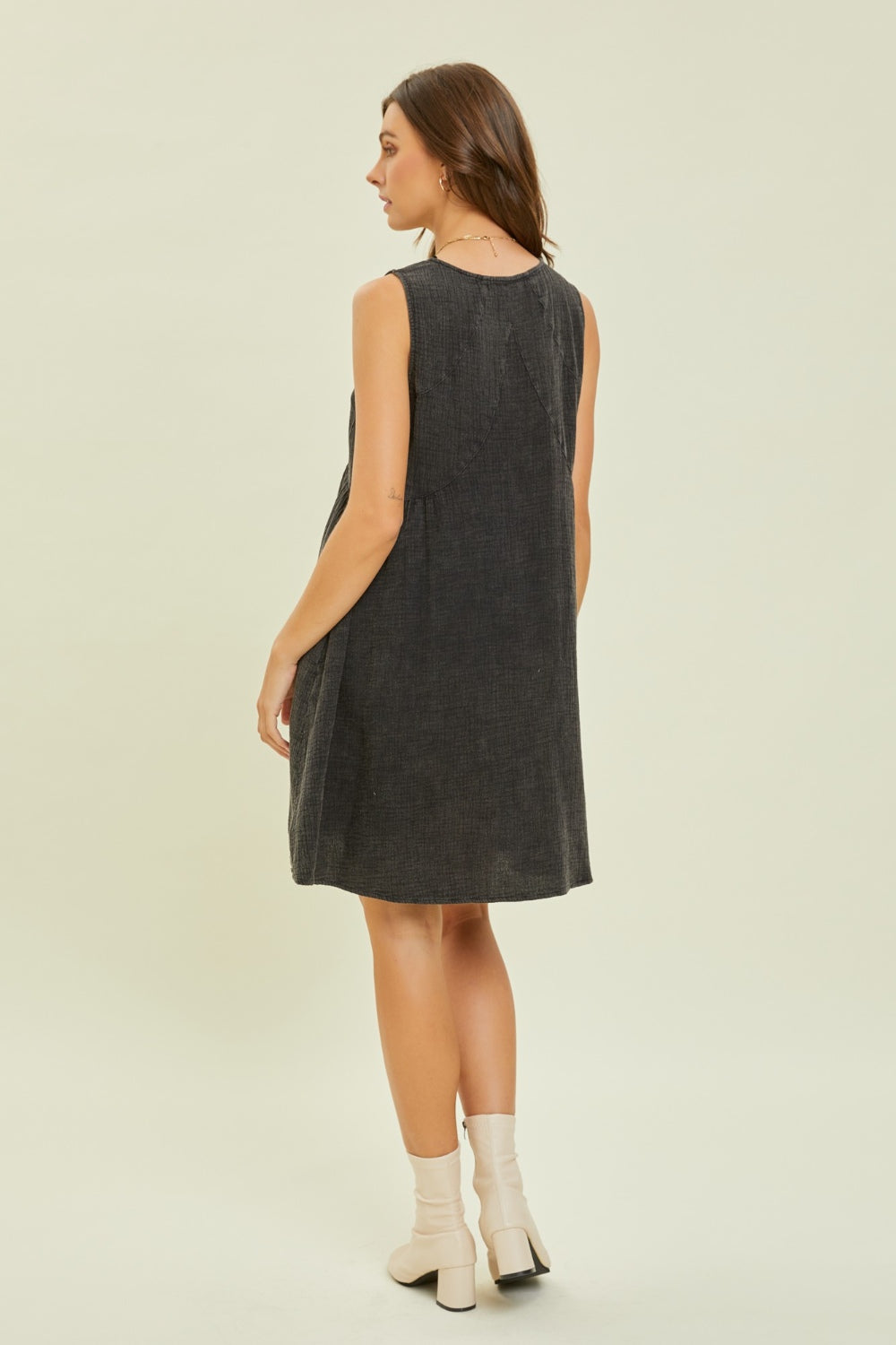 HEYSON Full Size Texture V-Neck Sleeveless Flare Mini Dress Trendsi