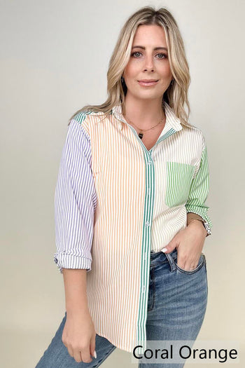 Davi & Dani Multicolor Mixed Stripe Button Front Top Kiwidrop