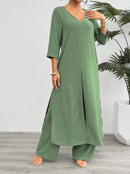 Women's Solid 2-PC Set Long Split Top Wide Leg Pant Suit H8ZF4E3S2Z Casual Chic Boutique