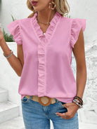 Ruffled V-Neck Cap Sleeve Blouse Trendsi