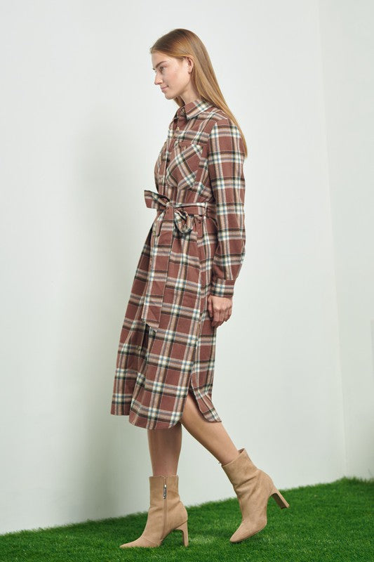 PLAID PRINT COLLAR LONG SHIRT DRESS Jade By Jane