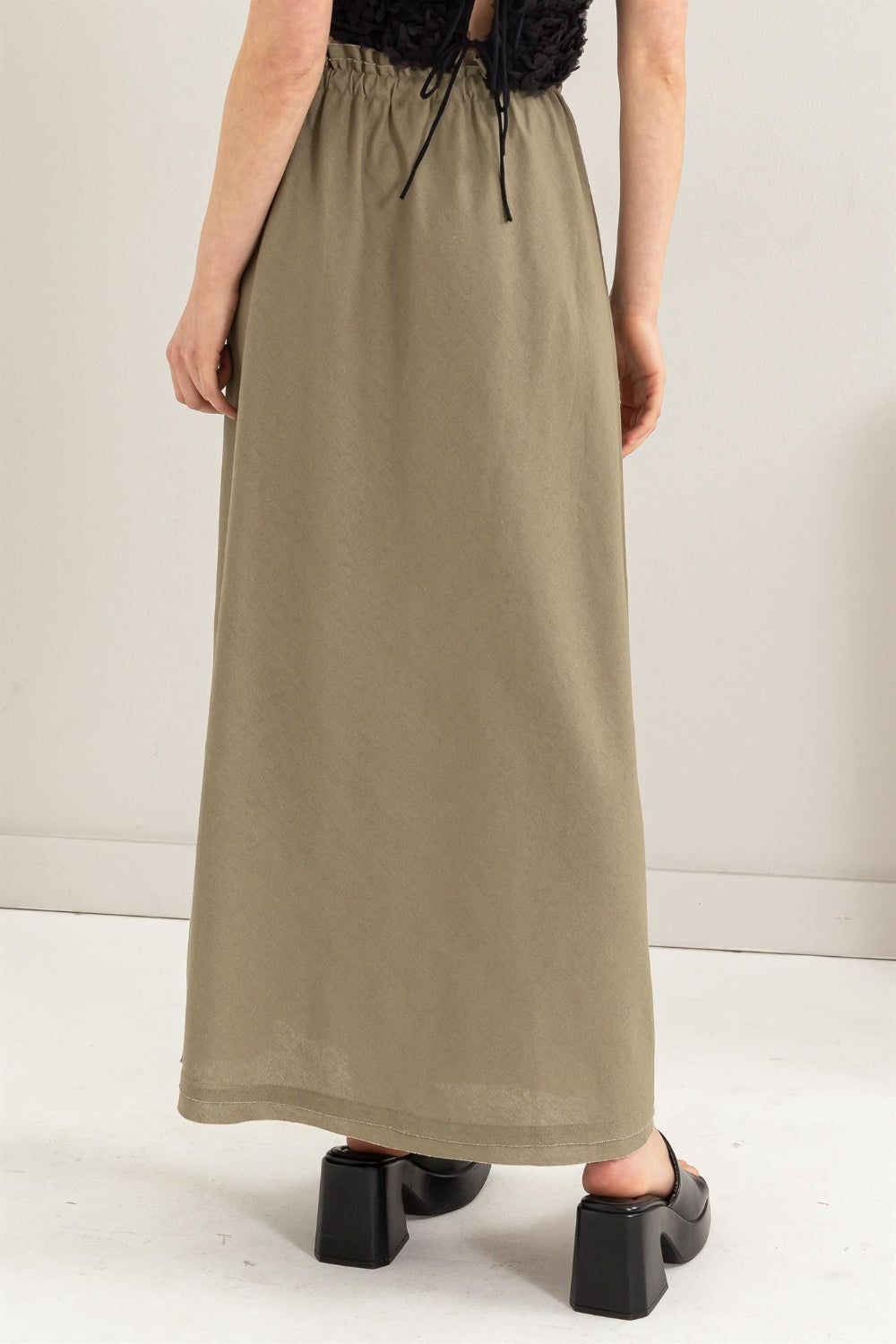HYFVE Drawstring Washed Linen Maxi Skirt Trendsi