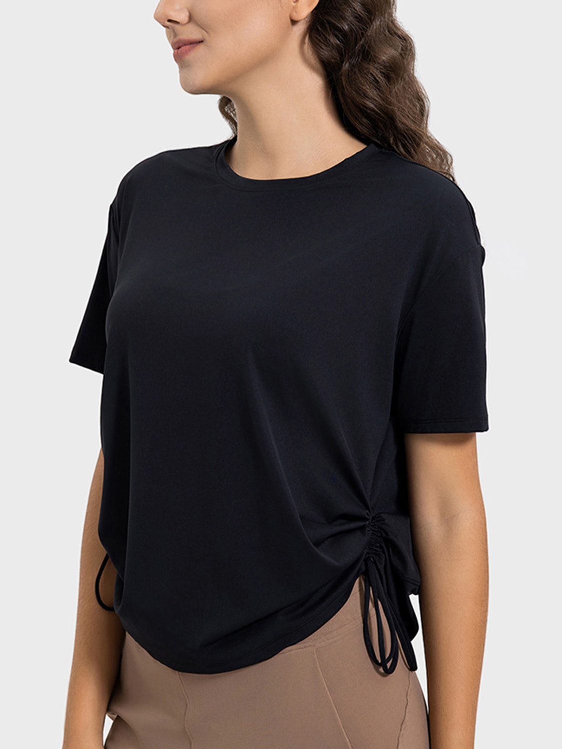 Drawstring Round Neck Short Sleeve Active T-Shirt Trendsi