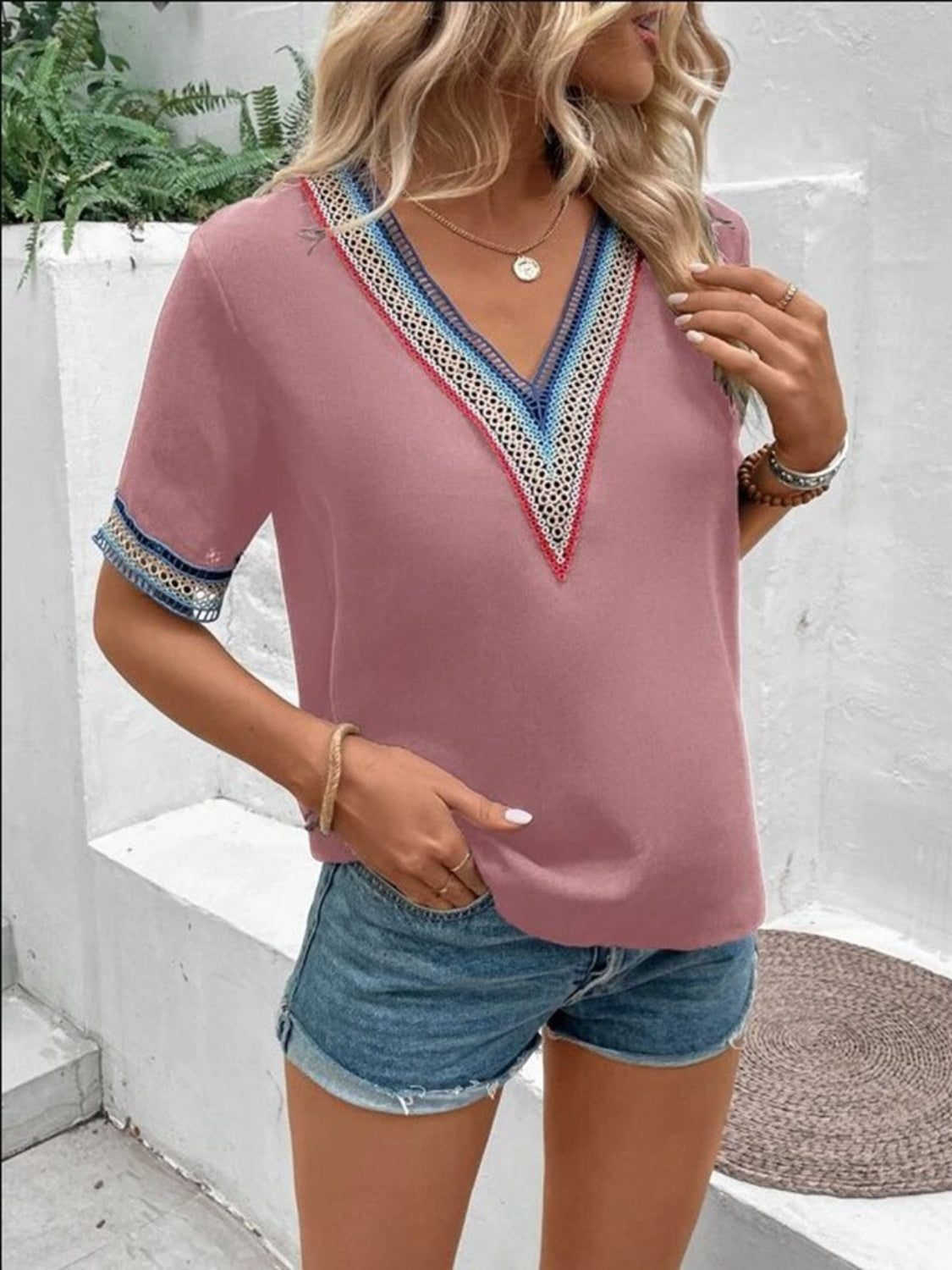 Full Size V-Neck Short Sleeve Blouse Trendsi