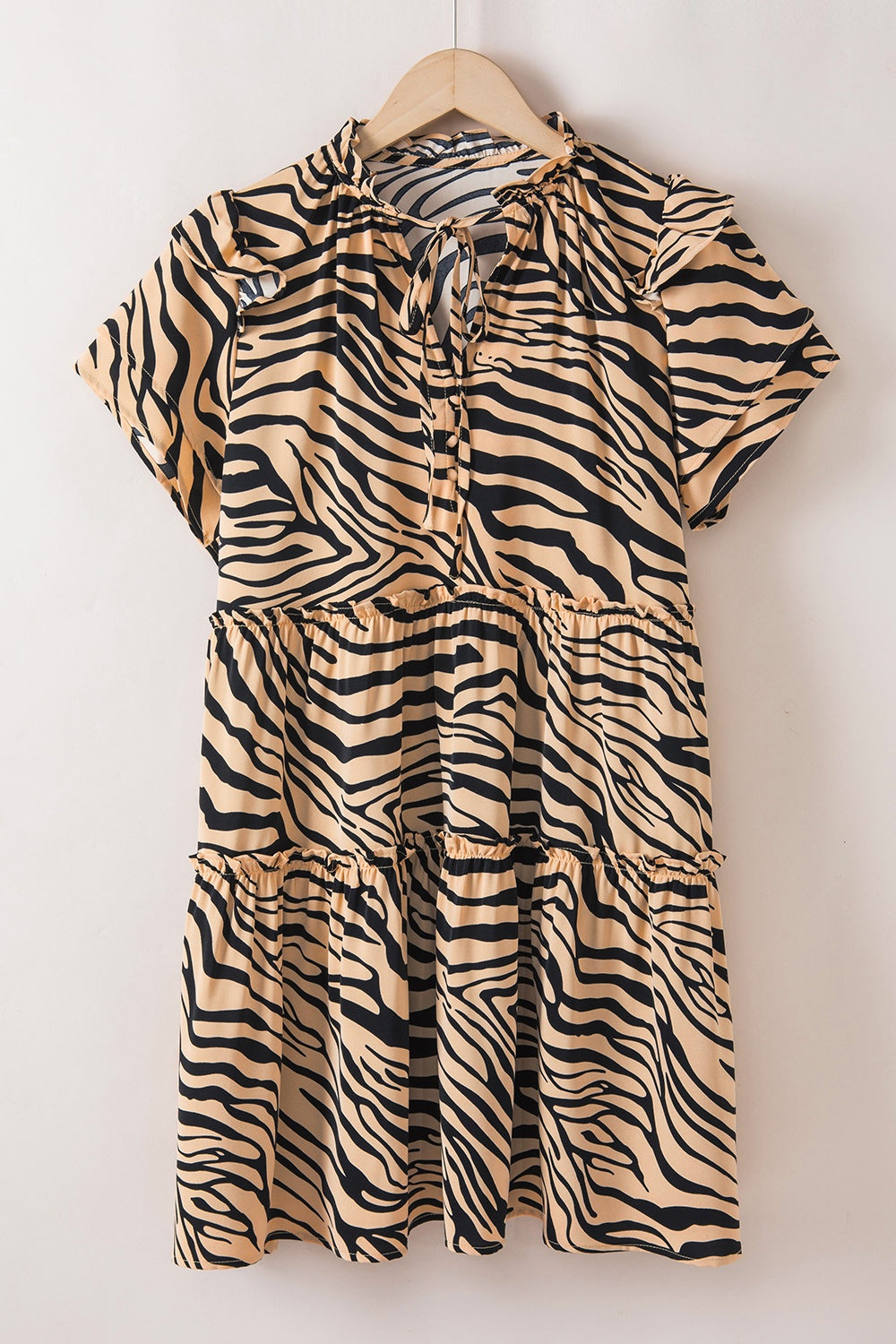 Ruffled Animal Print Tie Neck Mini Dress Casual Chic Boutique