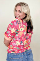 BiBi Floral Printed Jersey Knit Puff Sleeve Contrast Banded Top Kiwidrop
