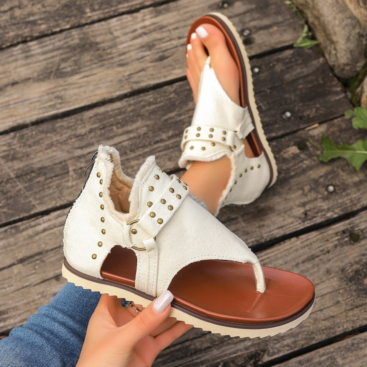 Studded Raw Hem Flat Sandals Casual Chic Boutique