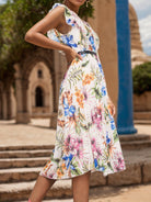 Ruffled Printed Surplice Cap Sleeve Dress Trendsi