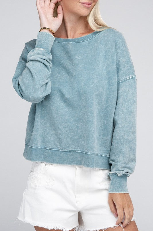 French Terry Acid Wash Boat Neck Pullover ZENANA