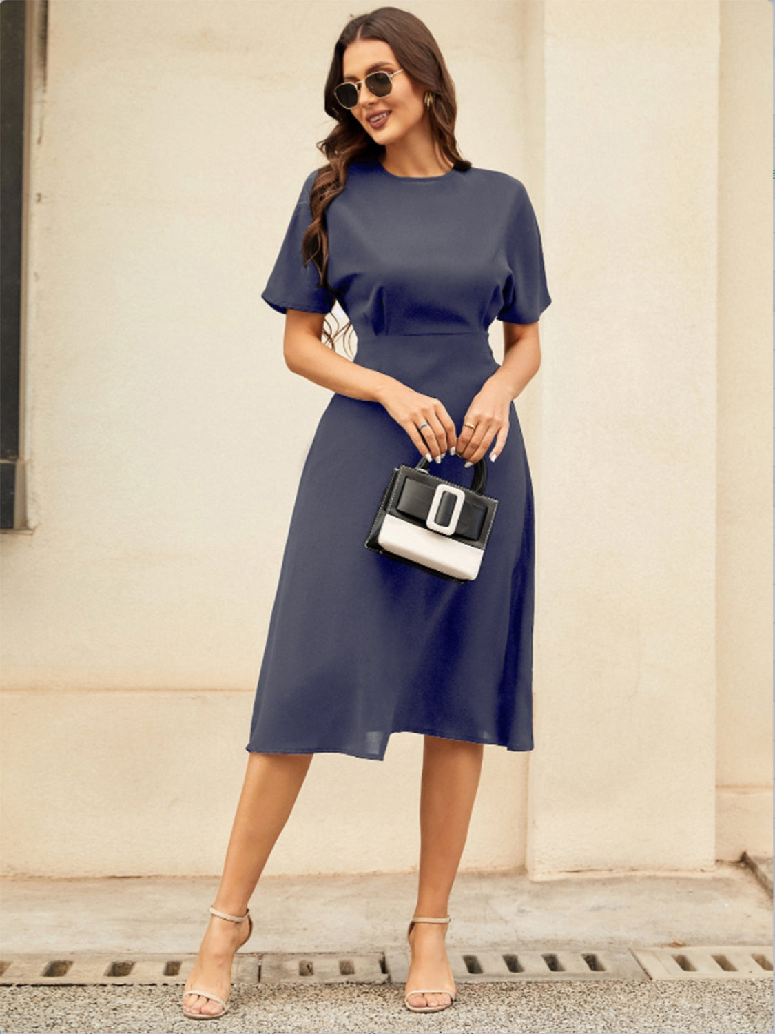 Round Neck Short Sleeve Midi Dress Trendsi