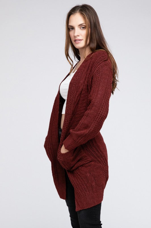 Twist Knitted Open Front Cardigan With Pockets BiBi